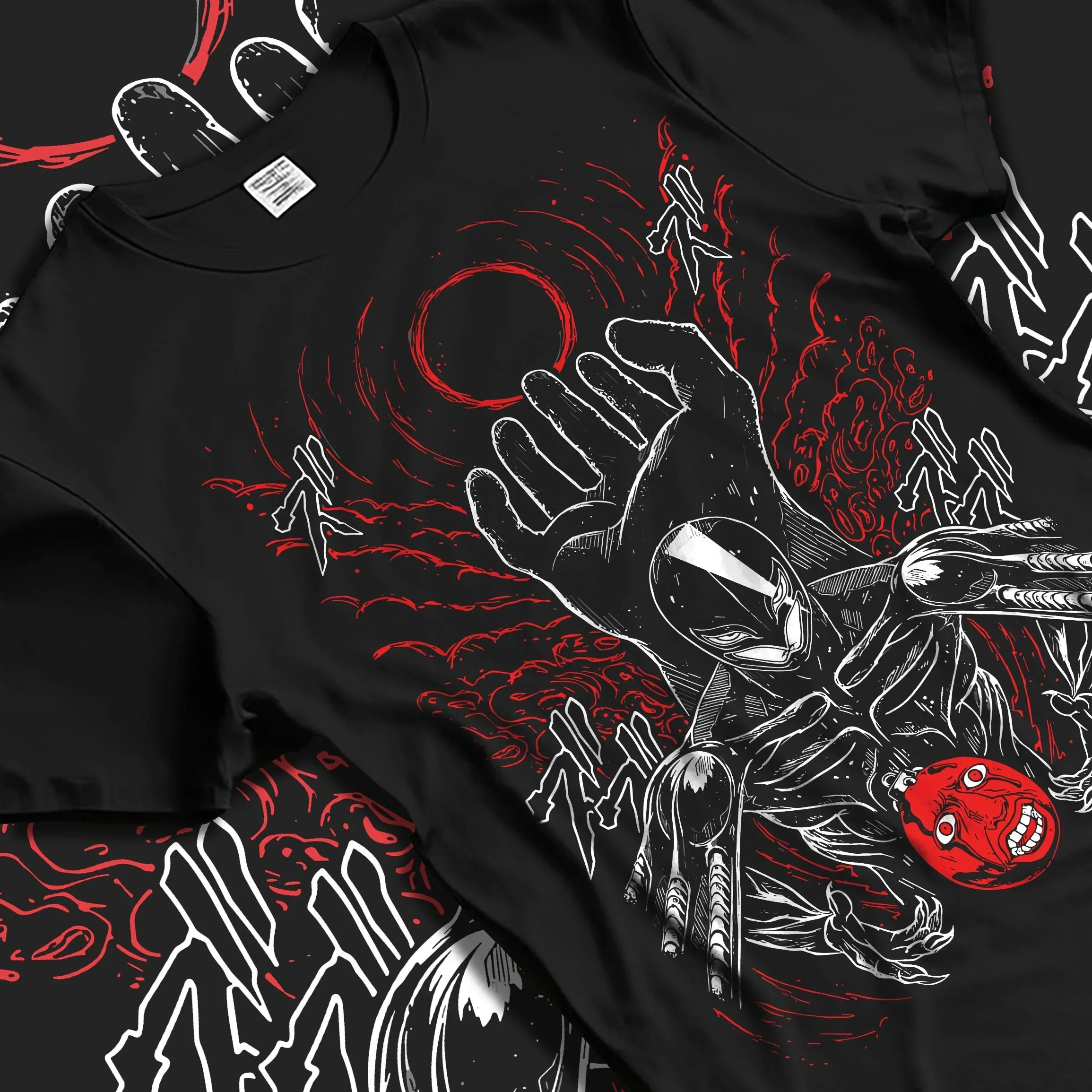 Black T-shirt laid flat with natural folds with Berserk Eclipse Hoodie Crimson Hand of God Eclipse graphic premium wear.