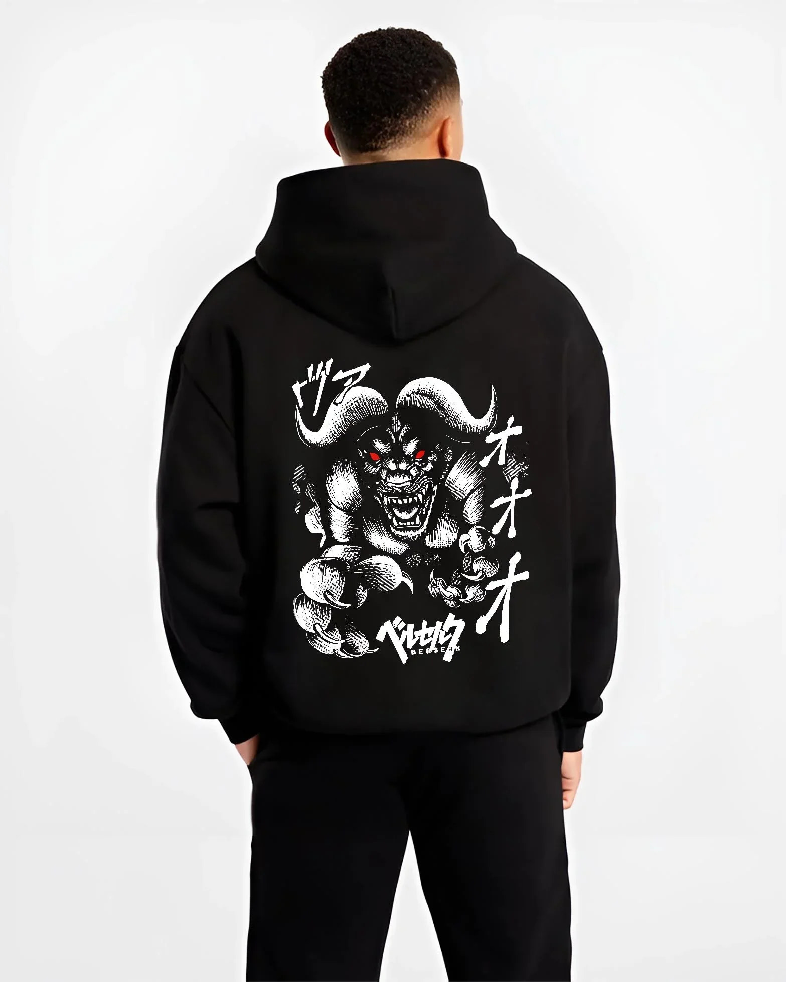 Black hoodie worn by male model, back view with Berserk Apostle Hoodie Eclipse Demonic Beast Form graphic premium wear.