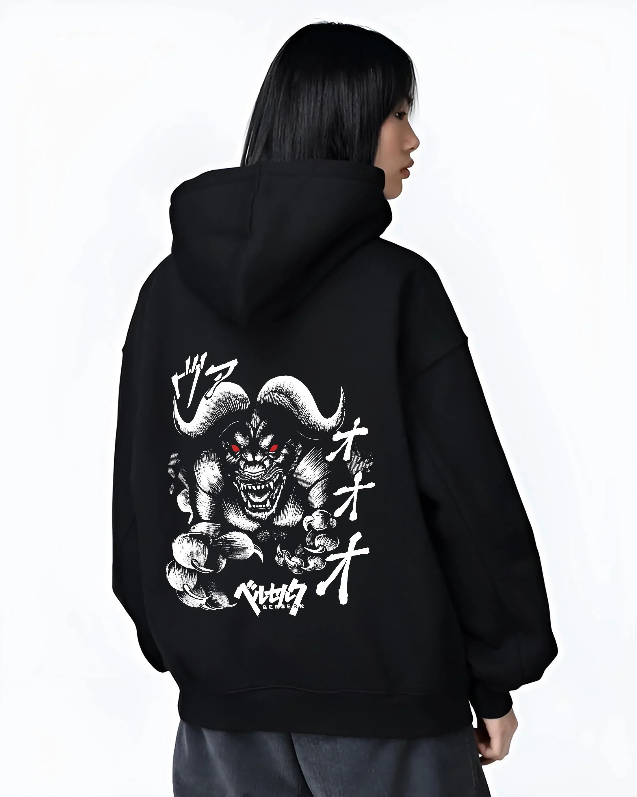 Black hoodie worn by female model, back view with Berserk Apostle Hoodie Eclipse Demonic Beast Form graphic bold anime graphic.