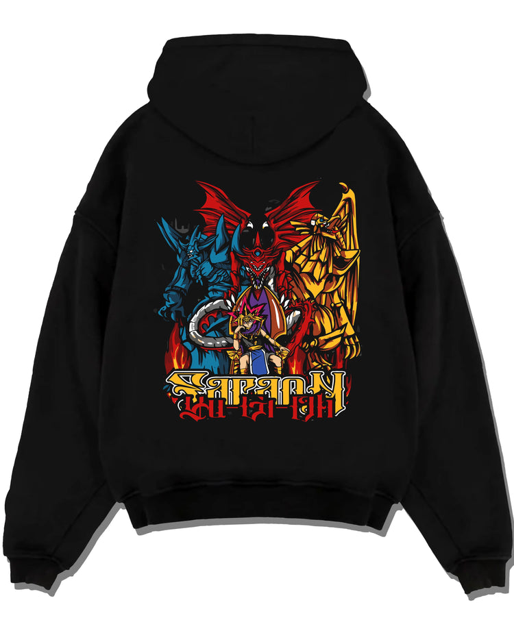 Black hoodie laid flat featuring Blue-Eyes Ultimate Dragon Yu-Gi-Oh artwork with bold anime graphic print.
