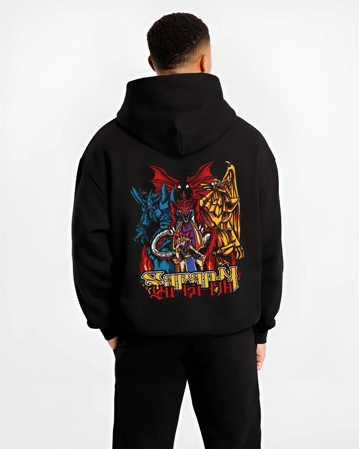 Black hoodie worn by male model from the back featuring Blue-Eyes Ultimate Dragon Yu-Gi-Oh artwork.