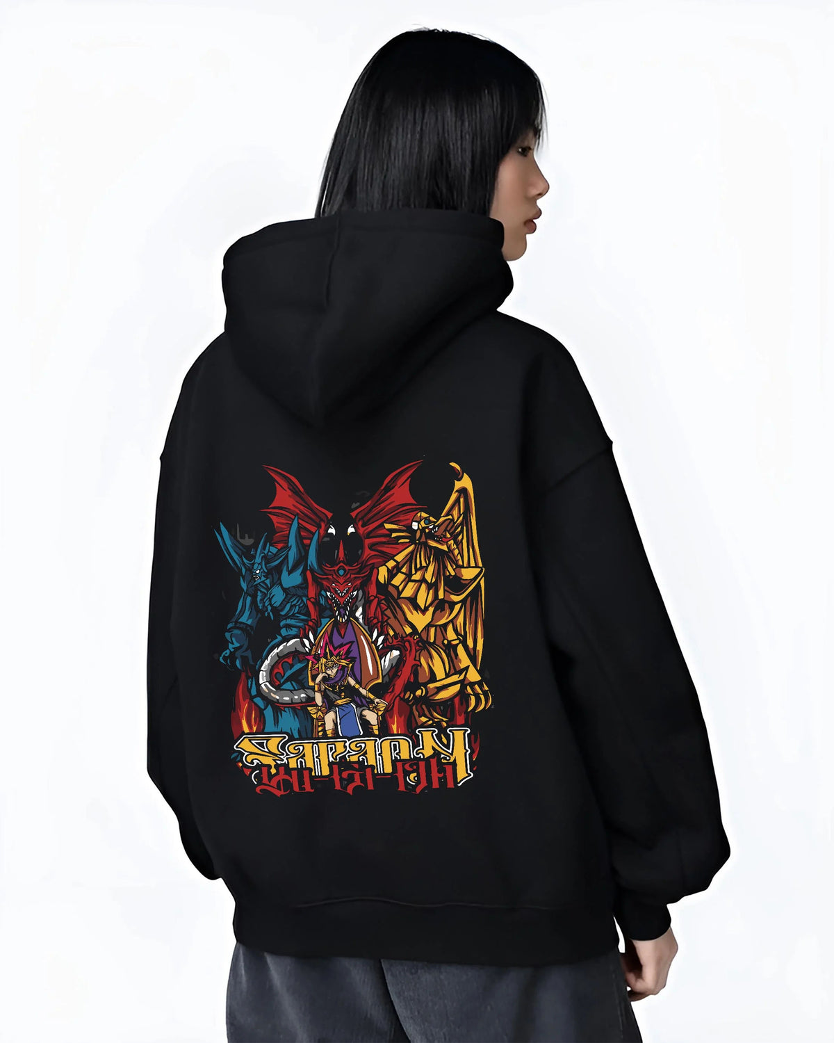 Black hoodie worn by female model from the back featuring Blue-Eyes Ultimate Dragon Yu-Gi-Oh artwork.