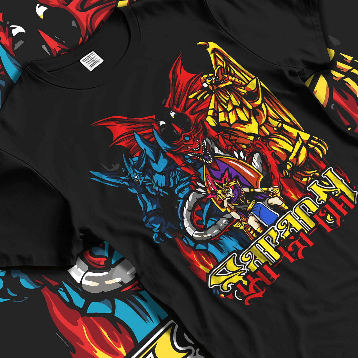 Black T-shirt laid flat with natural folds featuring Blue-Eyes Ultimate Dragon Yu-Gi-Oh artwork.