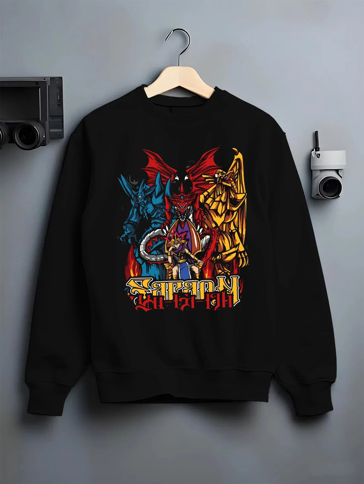 Black crewneck sweatshirt on hanger featuring Blue-Eyes Ultimate Dragon Yu-Gi-Oh artwork.