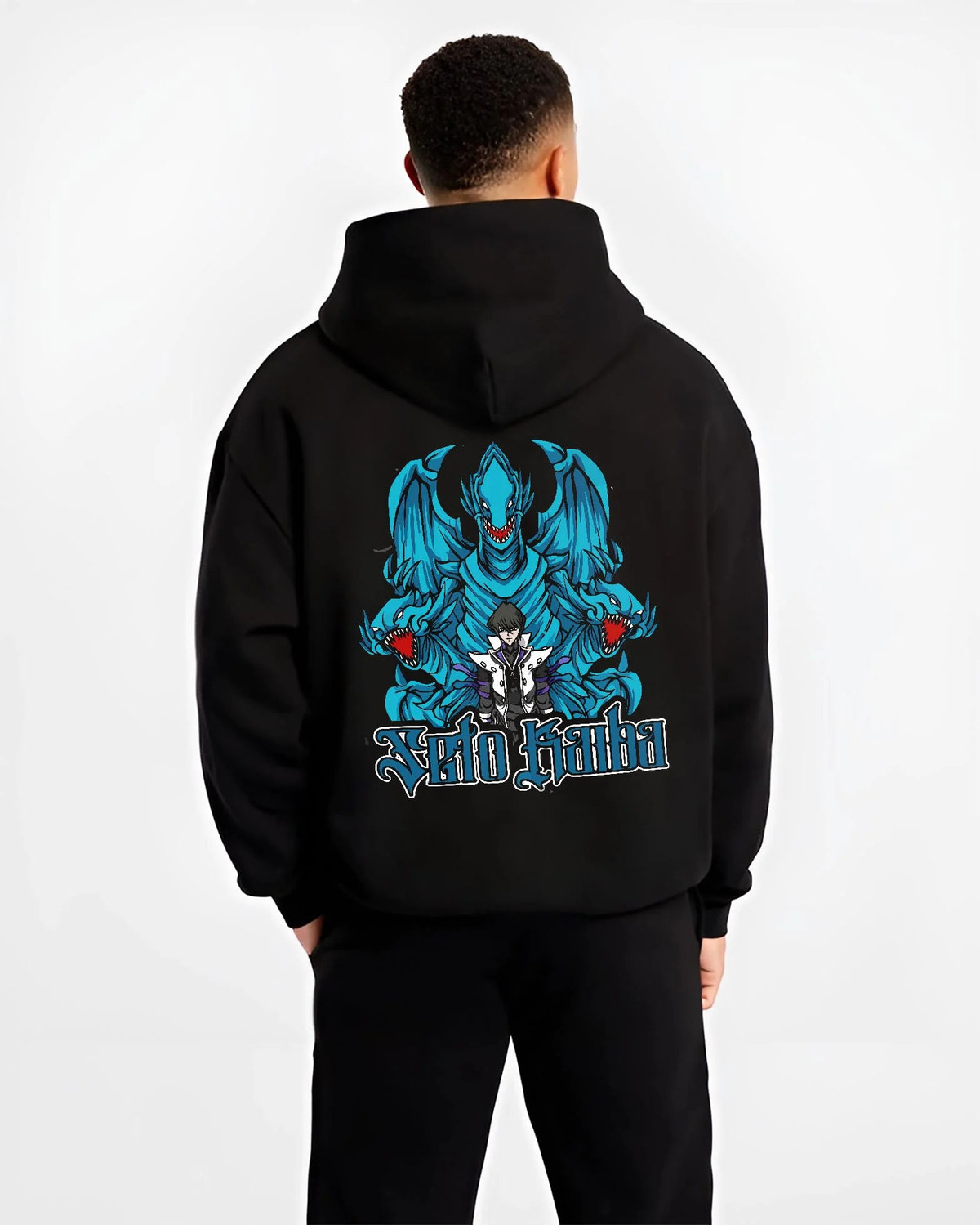 Black hoodie worn by male model from the back featuring Blue-Eyes White Dragon Yu-Gi-Oh artwork.