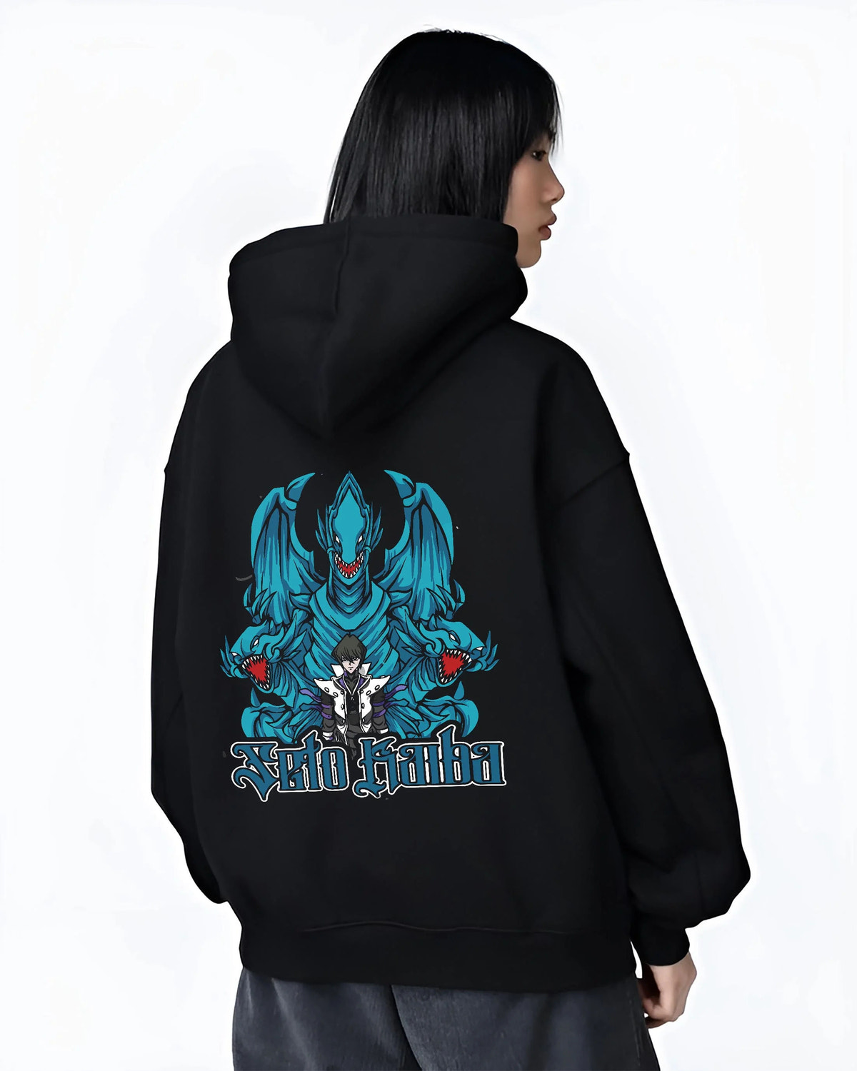 Black hoodie worn by female model from the back featuring Blue-Eyes White Dragon Yu-Gi-Oh artwork.