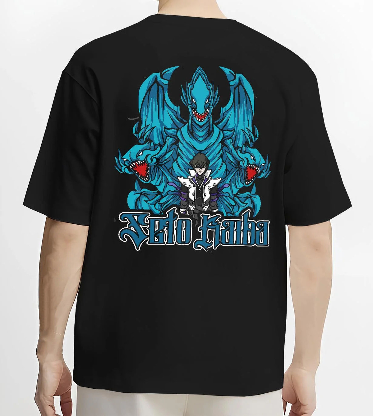 Black T-shirt worn by male model from the back featuring Blue-Eyes White Dragon Yu-Gi-Oh artwork.