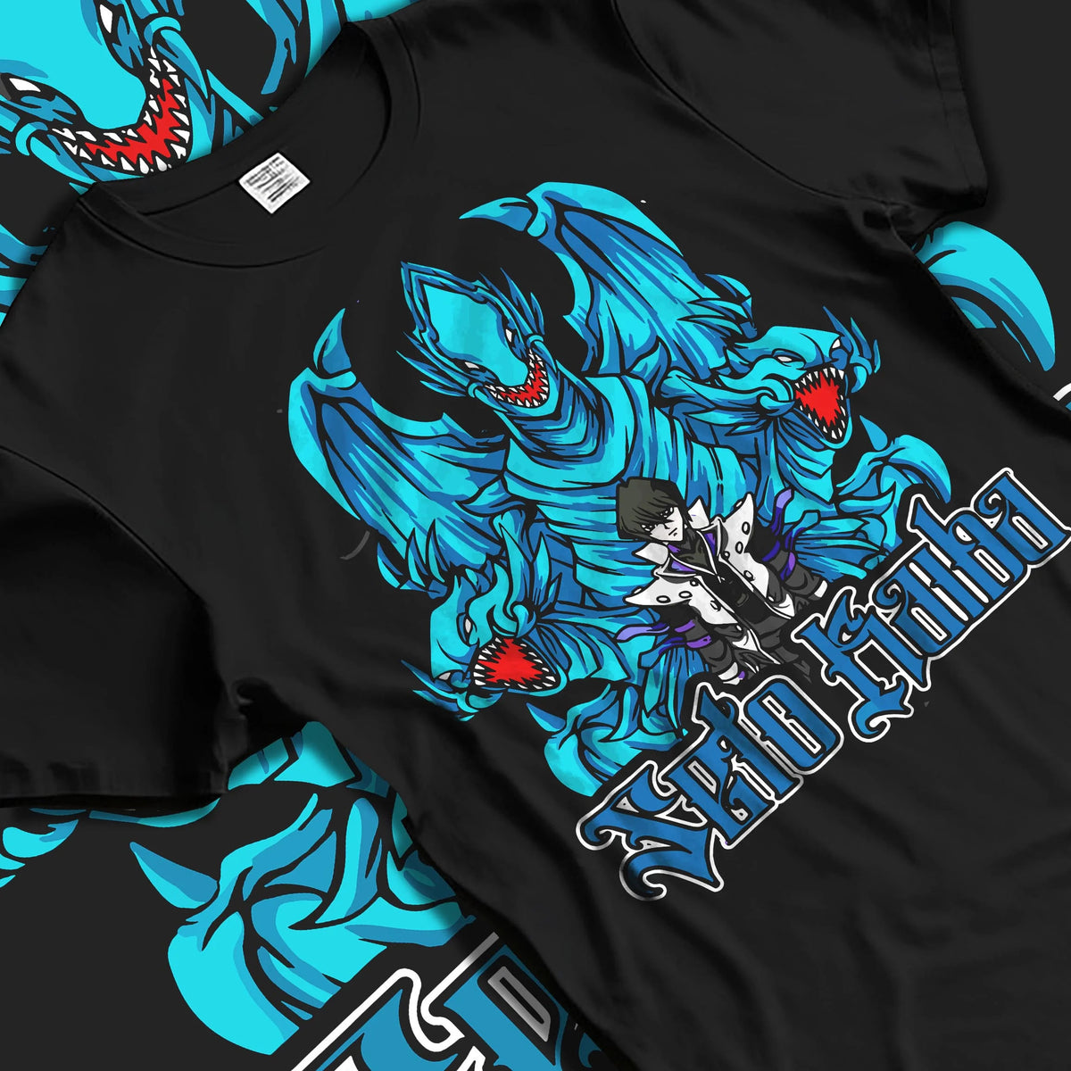 Black T-shirt laid flat with natural folds featuring Blue-Eyes White Dragon Yu-Gi-Oh artwork.