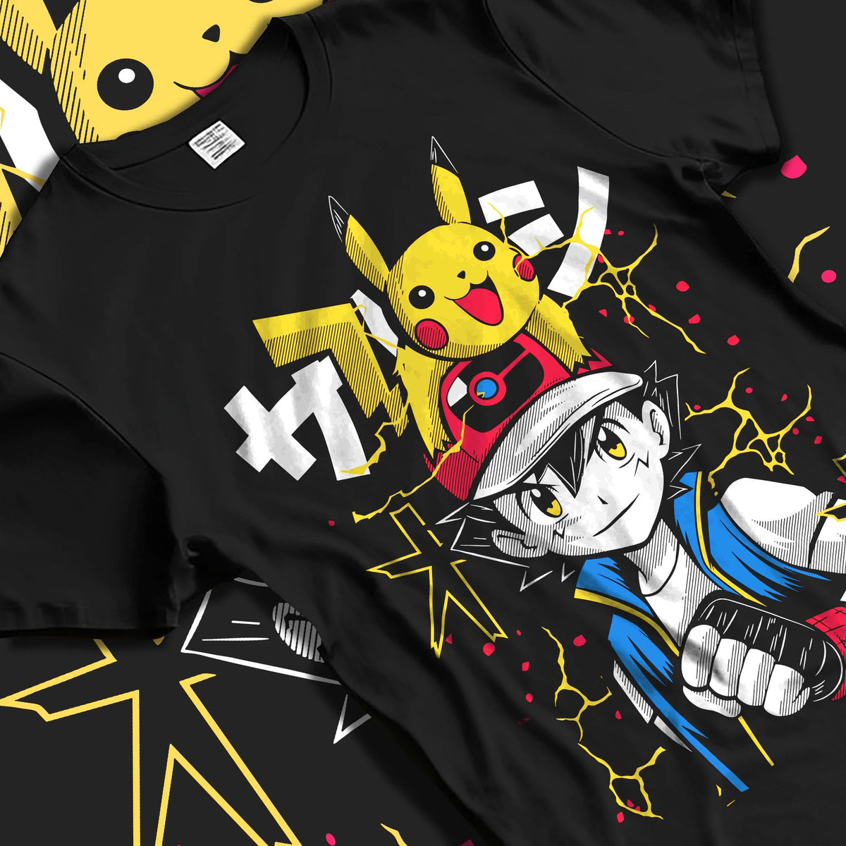 Black T-shirt laid flat with natural folds featuring Ash Ketchum Pikachu Pokémon battle artwork.