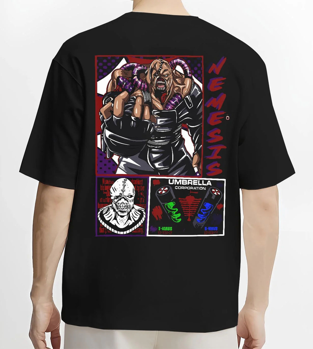 Black T-shirt worn by male model from the back featuring Nemesis Resident Evil bio-weapon artwork.