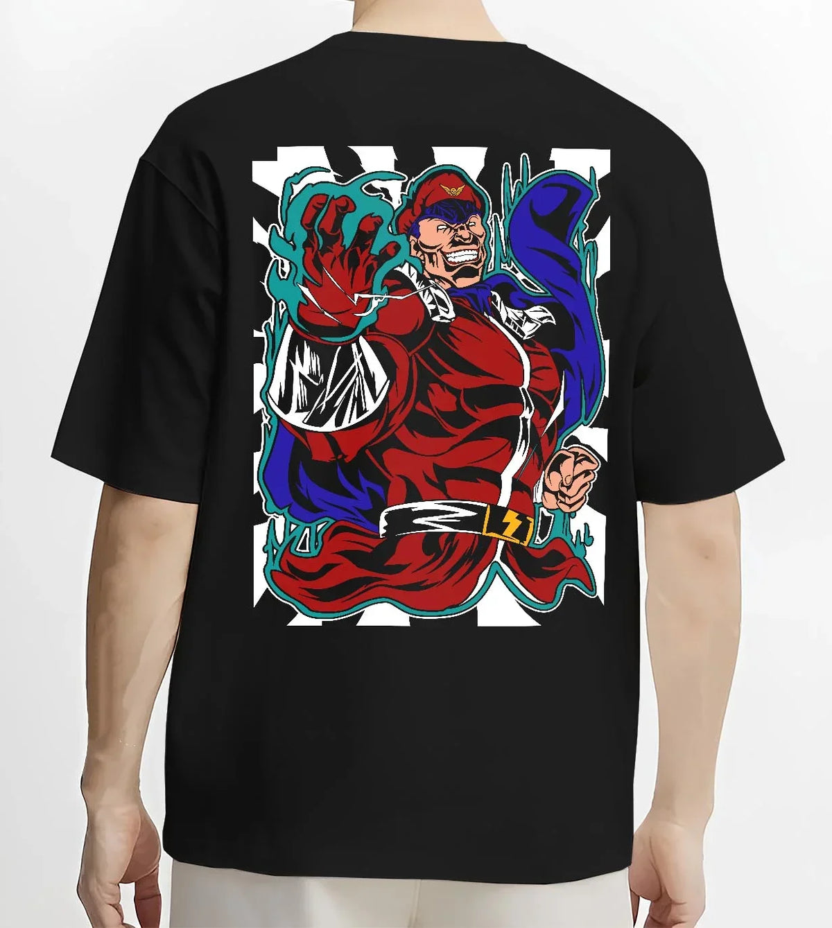Black T-shirt worn by male model, back view with M. Bison Hoodie Street Fighter Psycho Power Pose graphic premium wear.