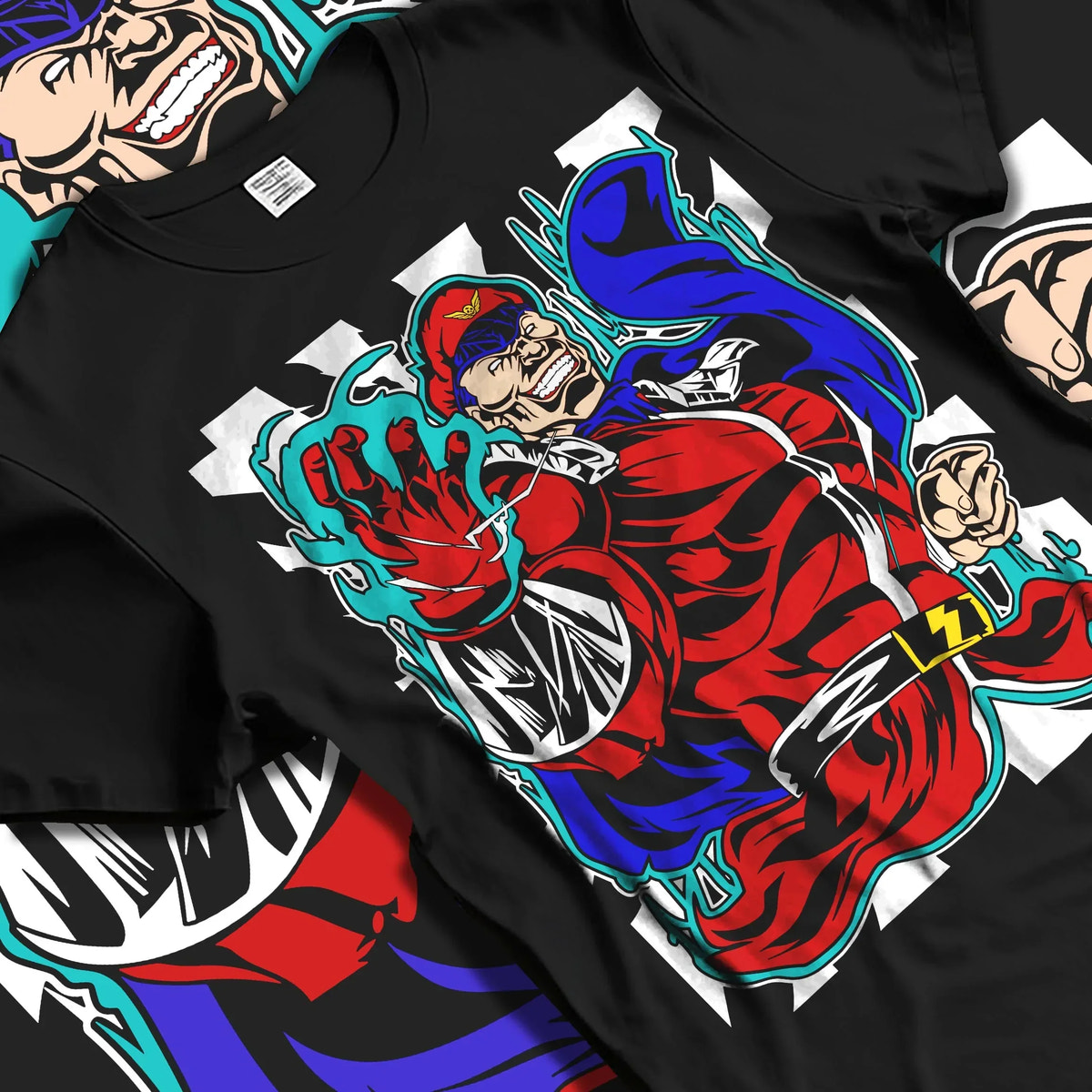 Black T-shirt laid flat with natural folds with M. Bison Hoodie Street Fighter Psycho Power Pose graphic bold anime graphic.