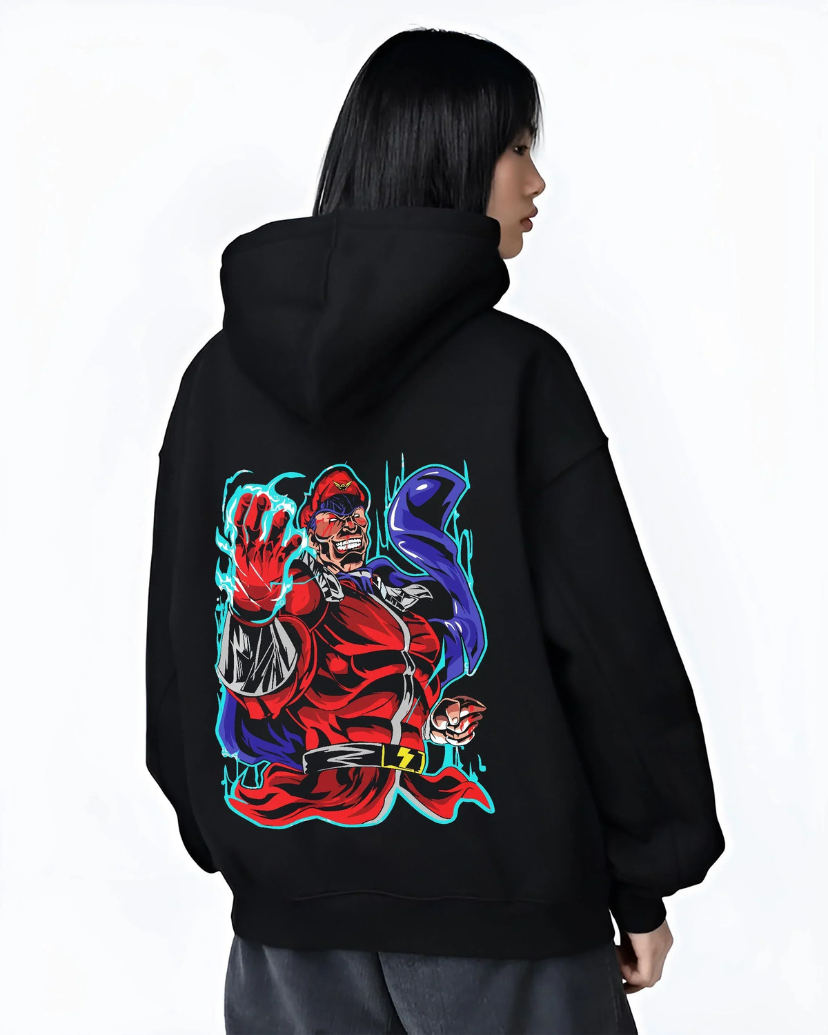 Black hoodie worn by female model, back view with M. Bison Hoodie Street Fighter Red Aura Flame Power graphic bold anime graphic.