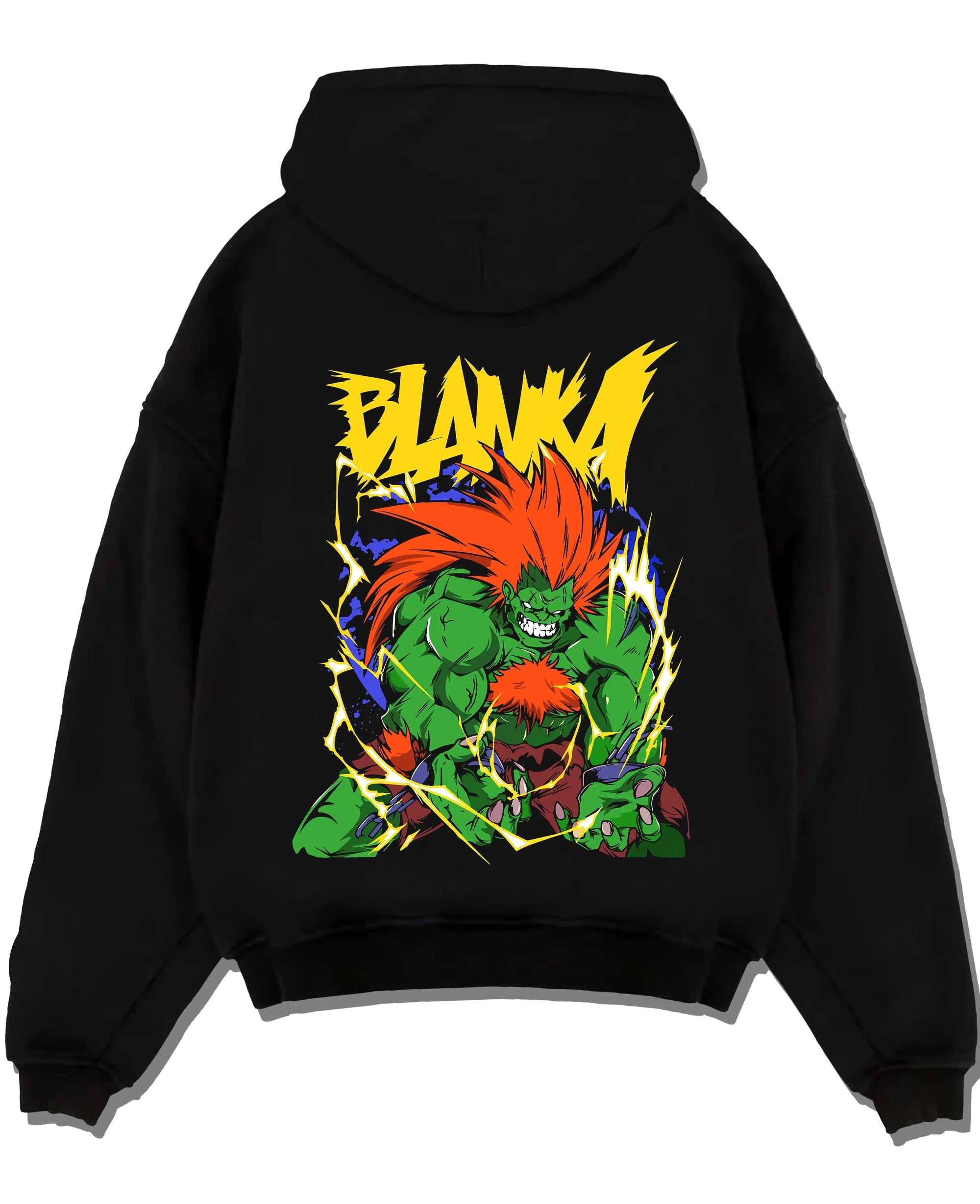 Black pullover hoodie laid flat with Blanka Hoodie Street Fighter Green Beast Retro Roar graphic Blanka anime design.