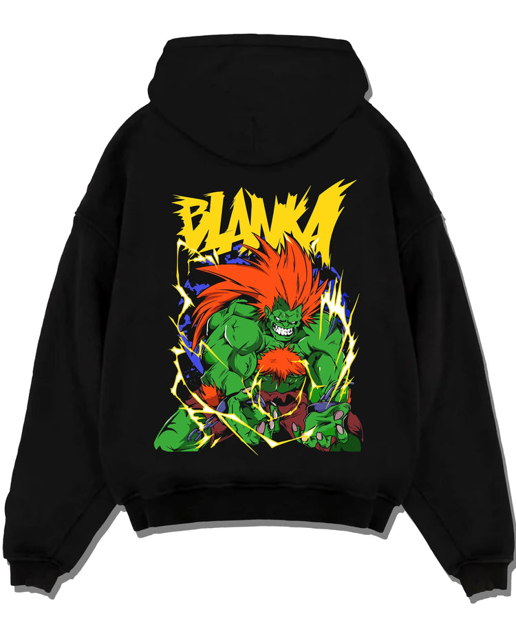 Black pullover hoodie laid flat with Blanka Hoodie Street Fighter Green Beast Retro Roar graphic Blanka anime design.