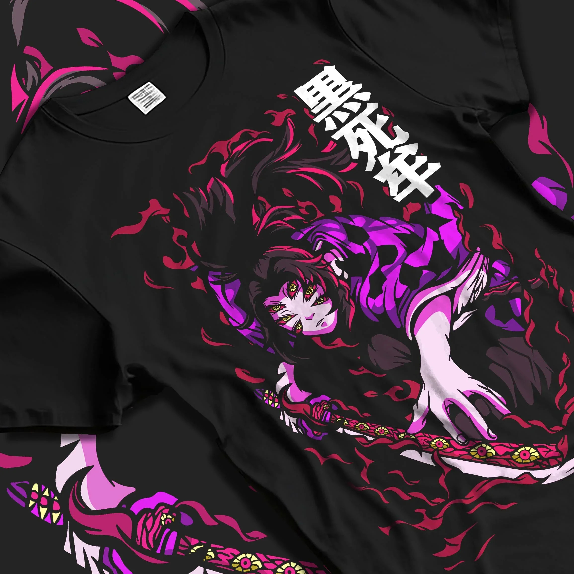 Black T-shirt laid flat with natural folds with Demon Slayer Kokushibo Hoodie Blood Demon Jumper graphic streetwear graphic.