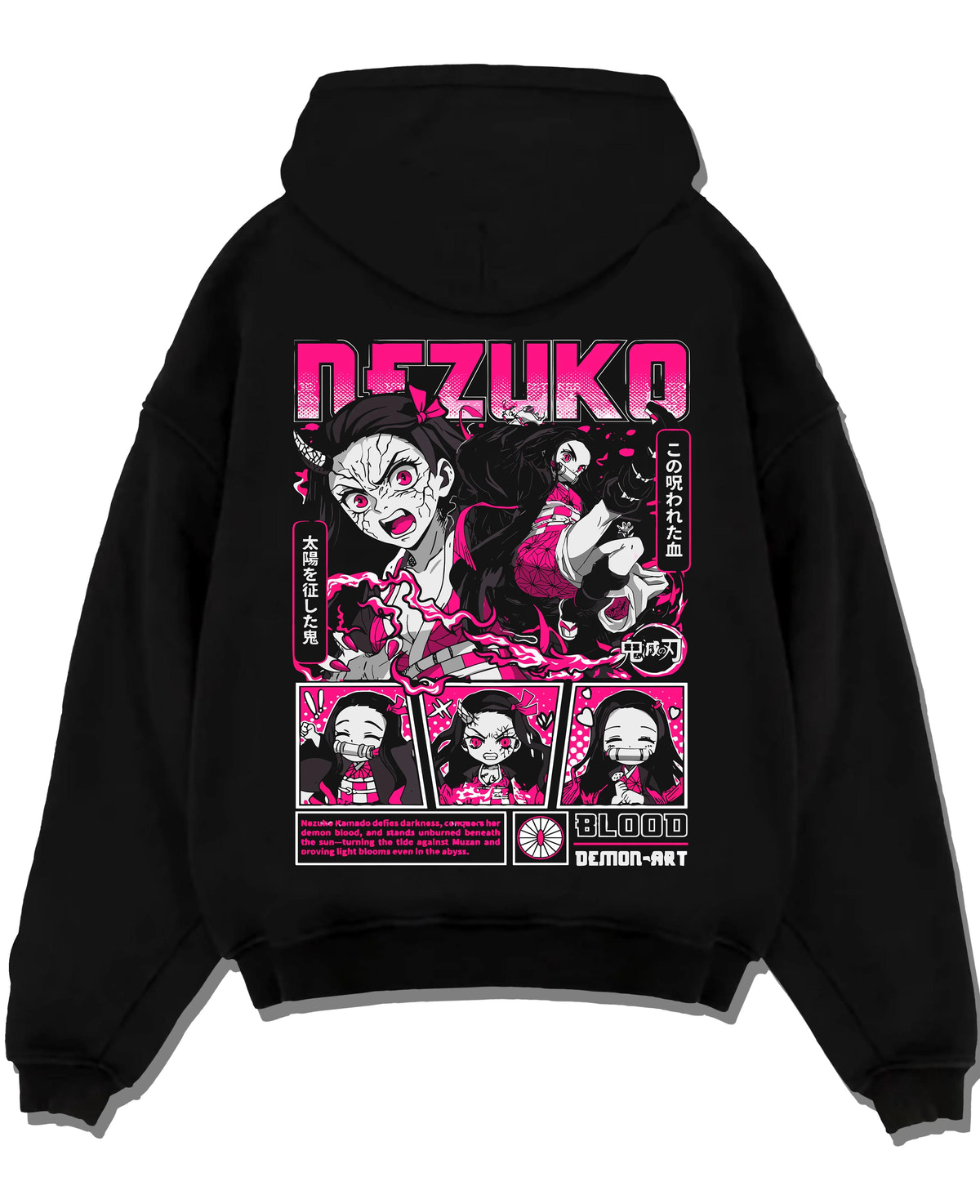 Black hoodie laid flat featuring Nezuko Kamado blood demon art artwork with bold anime graphic print.