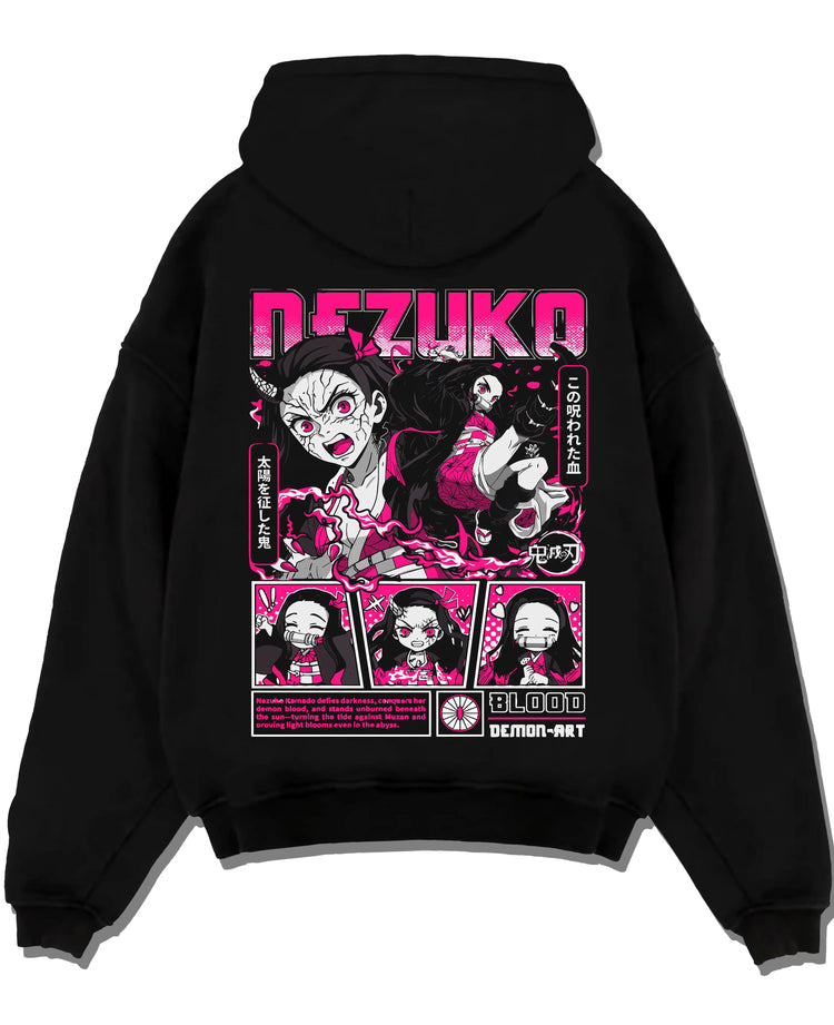Black hoodie laid flat featuring Nezuko Kamado blood demon art artwork with bold anime graphic print.