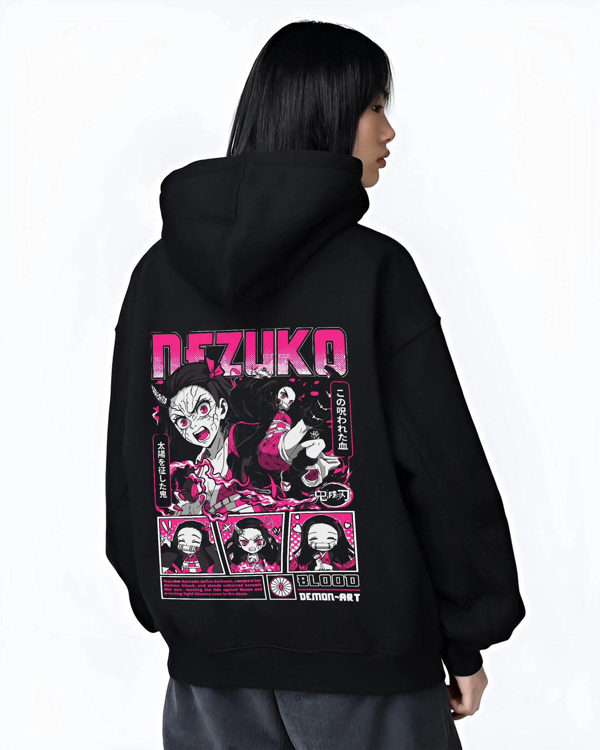 Black hoodie worn by female model from the back featuring Nezuko Kamado blood demon art artwork.