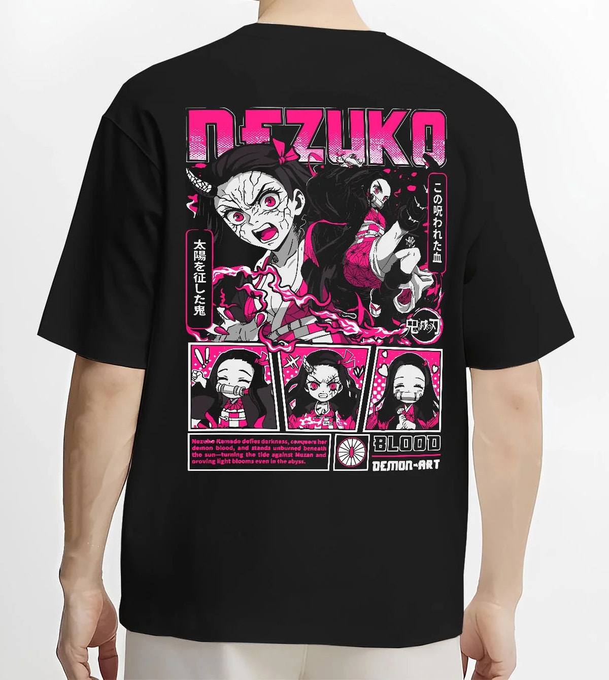 Black T-shirt worn by male model from the back featuring Nezuko Kamado blood demon art artwork.