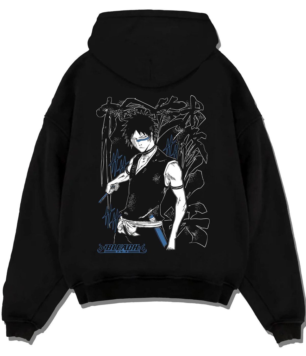Black hoodie flat back view showing Bleach: dark-haired swordsman with sword