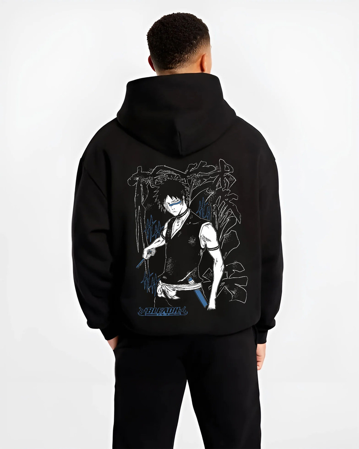 Black hoodie model back view showing Bleach: dark-haired swordsman with sword