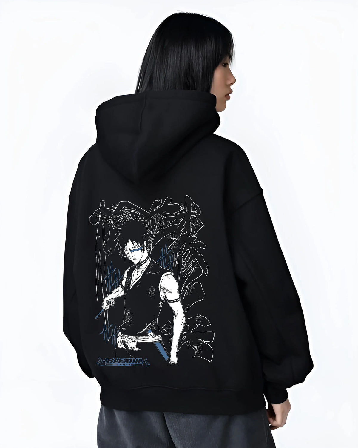 Black hoodie female model back view showing Bleach: dark-haired swordsman with sword