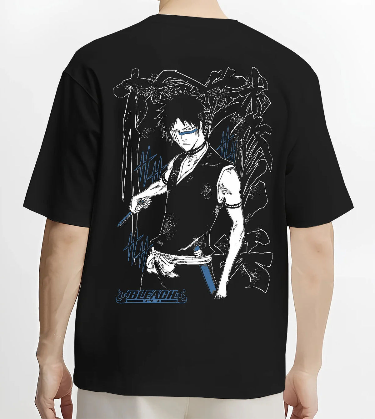 Black T-shirt model back view showing Bleach: dark-haired swordsman with sword