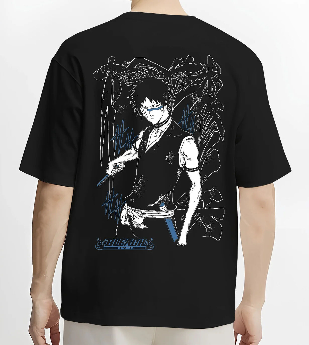 Black T-shirt model back view showing Bleach: dark-haired swordsman with sword