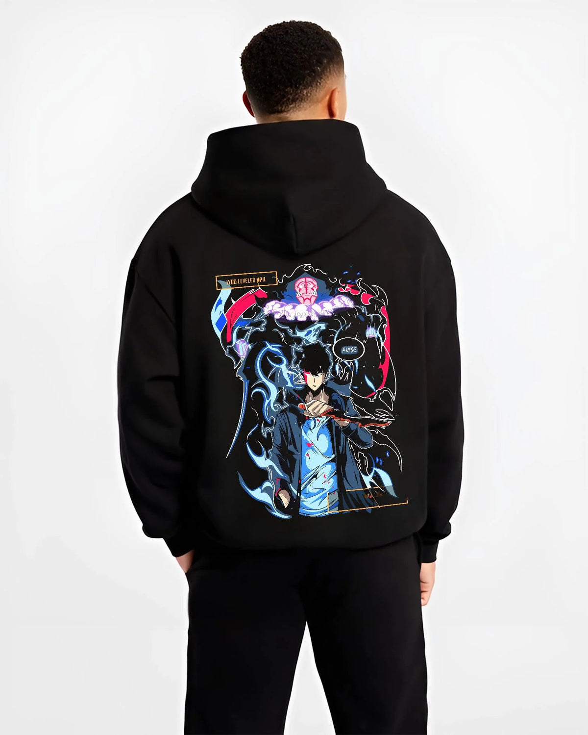 Black hoodie worn by male model from the back featuring Rin Okumura Blue Exorcist blue flame artwork.