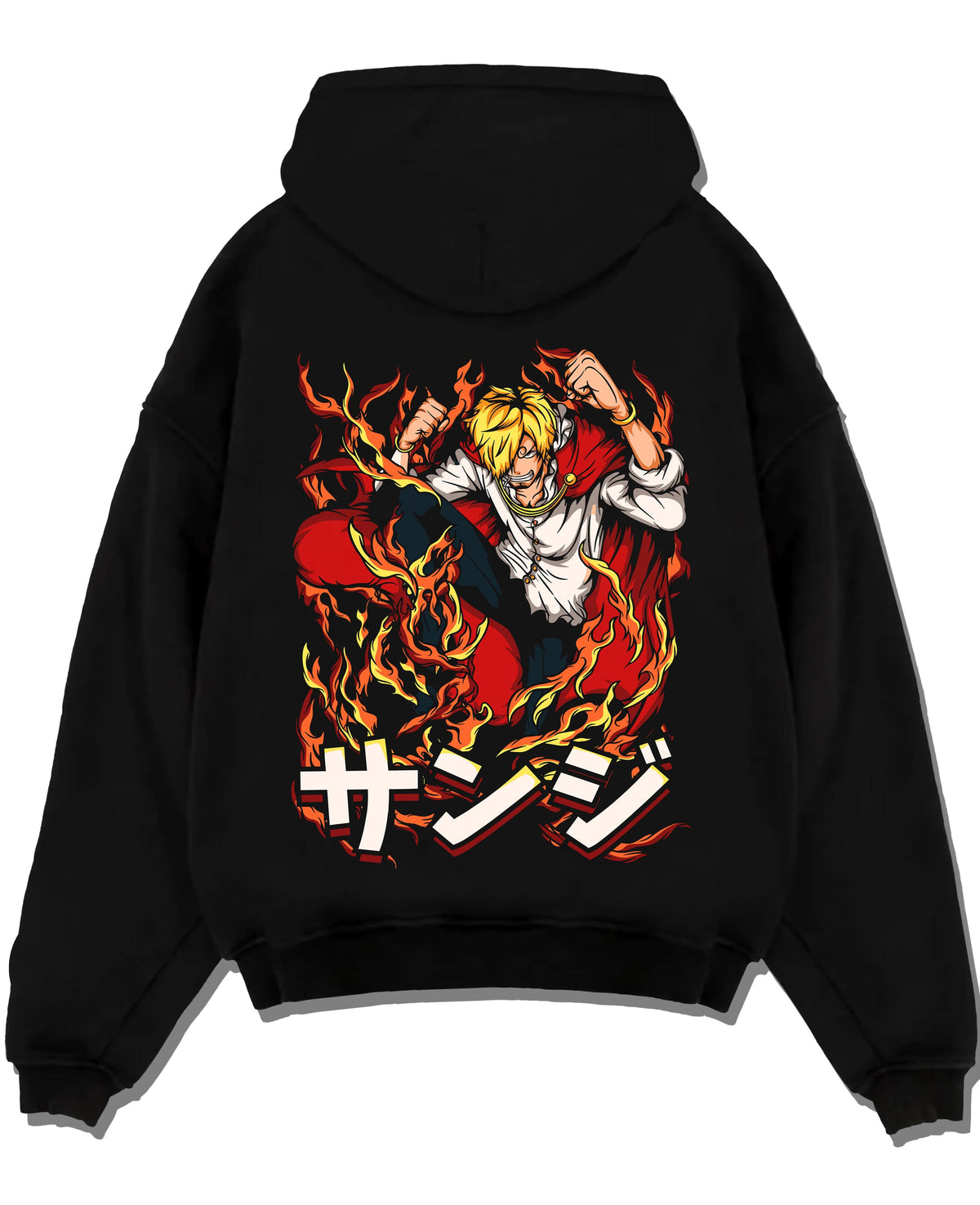 Black hoodie laid flat featuring Sanji Black Leg One Piece fiery kick artwork with bold anime graphic print.