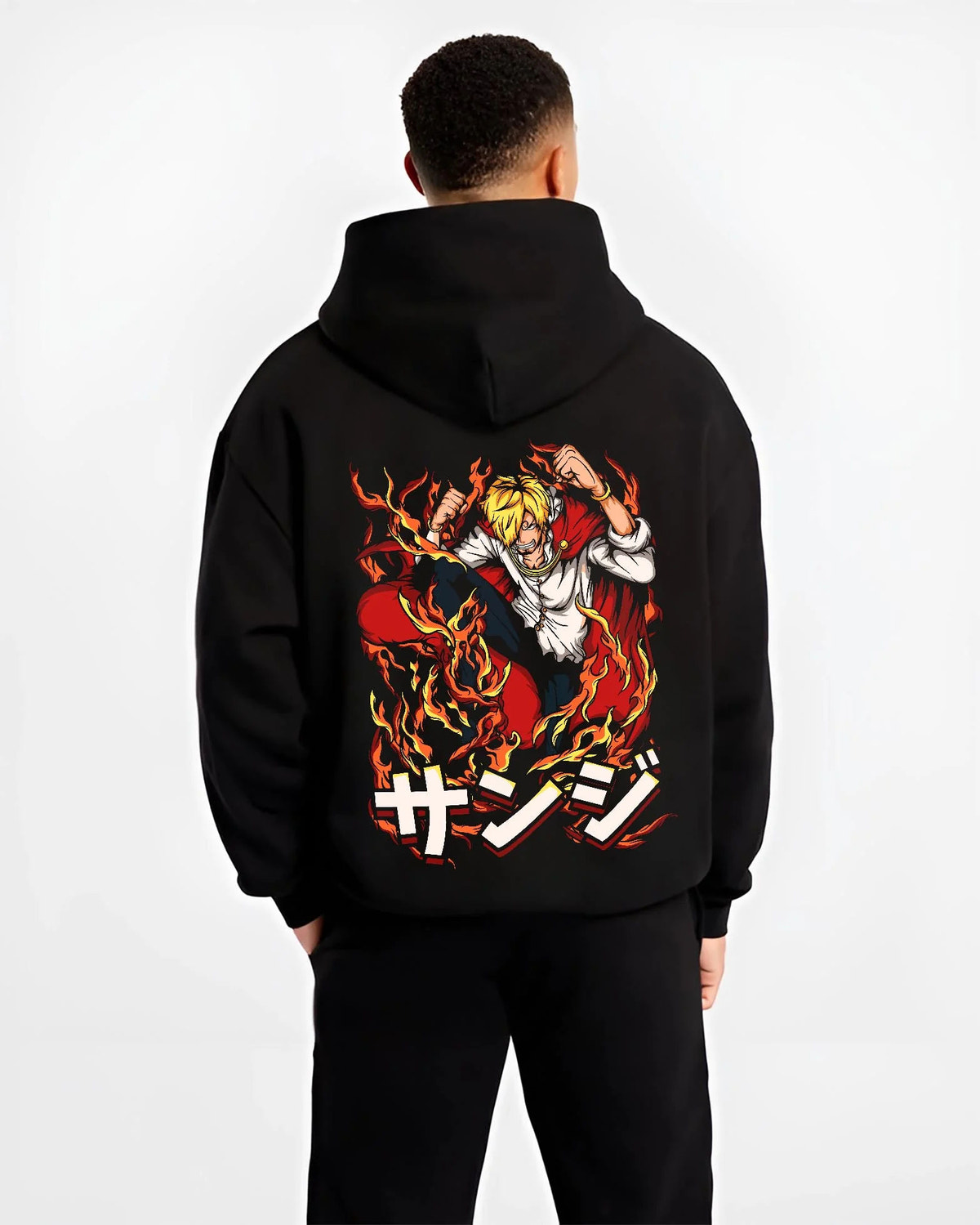 Black hoodie worn by male model from the back featuring Sanji Black Leg One Piece fiery kick artwork.
