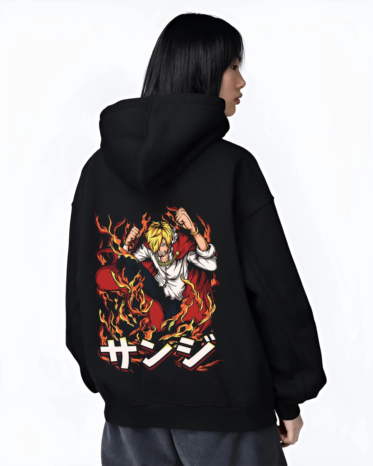 Black hoodie worn by female model from the back featuring Sanji Black Leg One Piece fiery kick artwork.
