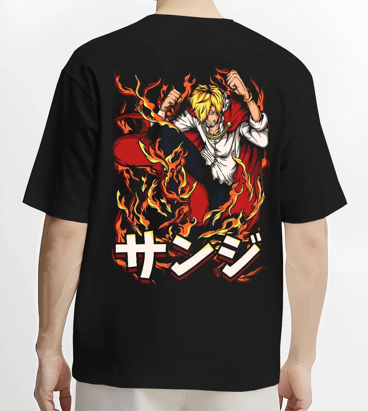 Black T-shirt worn by male model from the back featuring Sanji Black Leg One Piece fiery kick artwork.