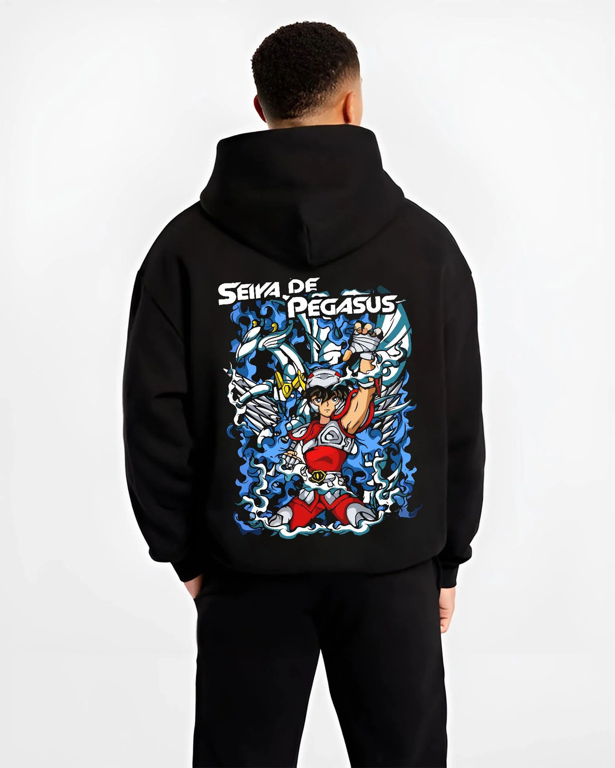 Black hoodie worn by male model from the back featuring Pegasus Seiya Saint Seiya blue armour artwork.