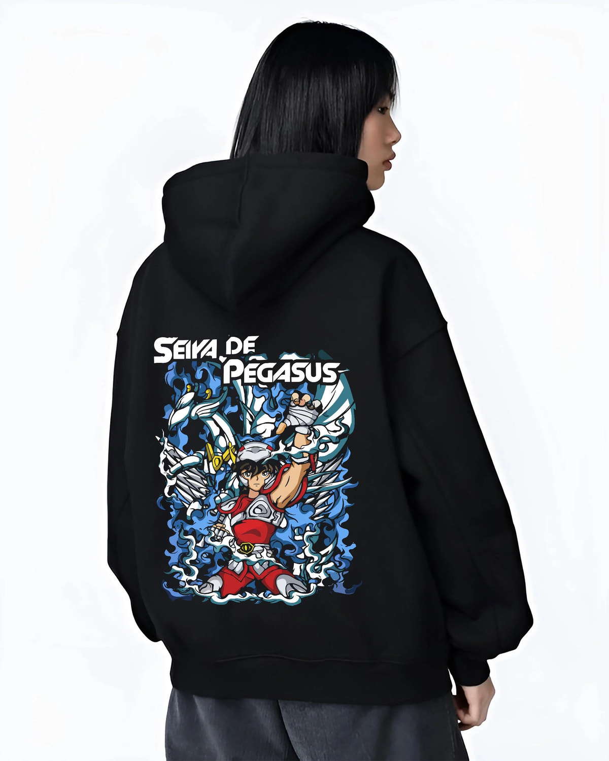 Black hoodie worn by female model from the back featuring Pegasus Seiya Saint Seiya blue armour artwork.