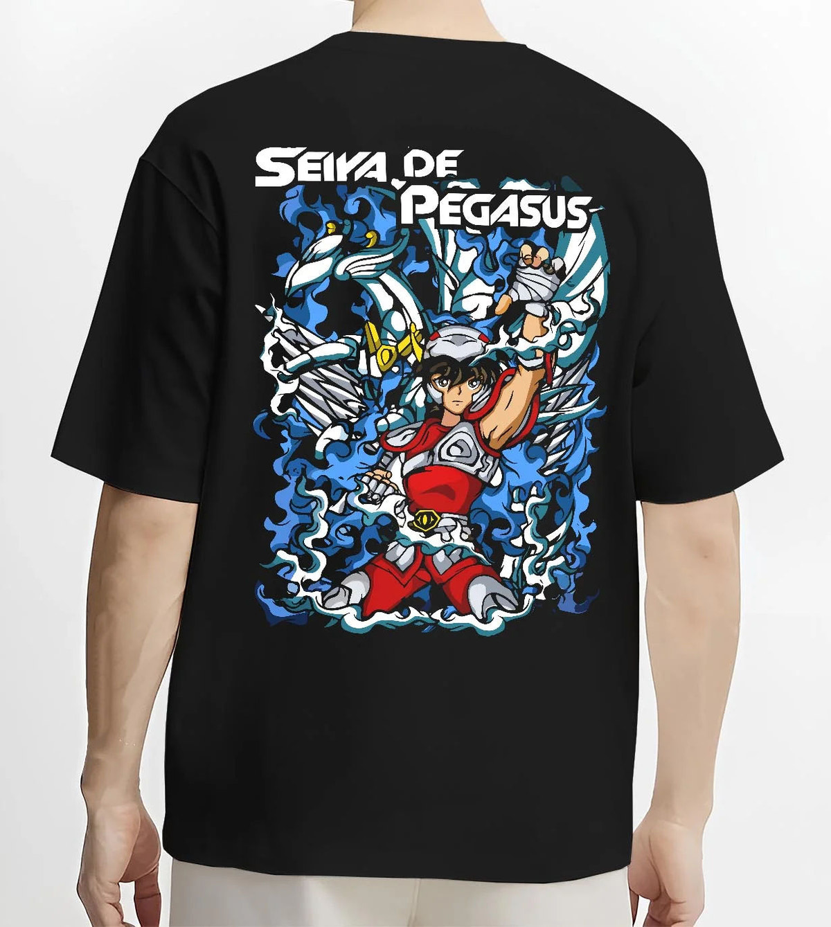 Black T-shirt worn by male model from the back featuring Pegasus Seiya Saint Seiya blue armour artwork.