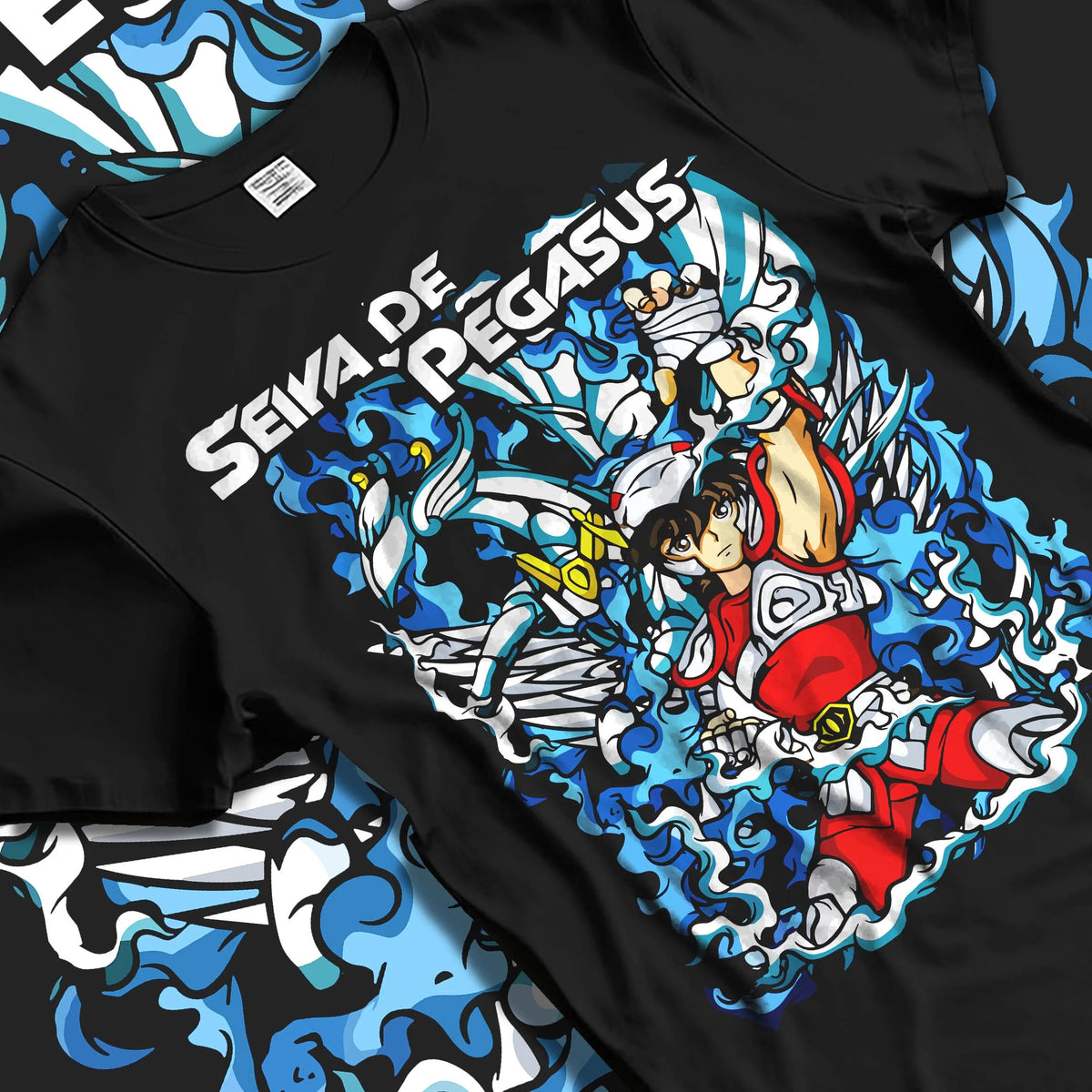 Black T-shirt laid flat with natural folds featuring Pegasus Seiya Saint Seiya blue armour artwork.