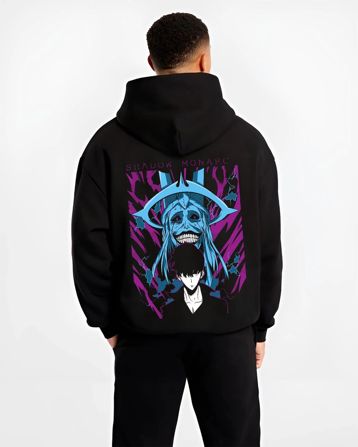 Black hoodie worn by male model from the back featuring Sung Jin-Woo Solo Leveling blue aura artwork.