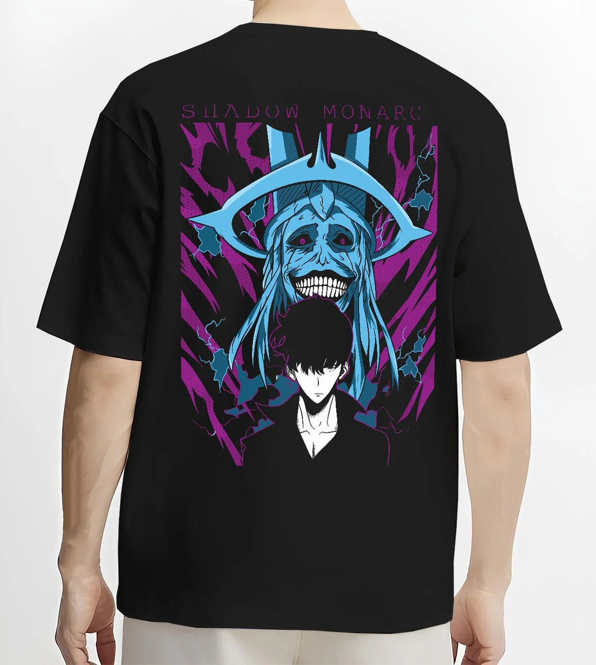 Black T-shirt worn by male model from the back featuring Sung Jin-Woo Solo Leveling blue aura artwork.
