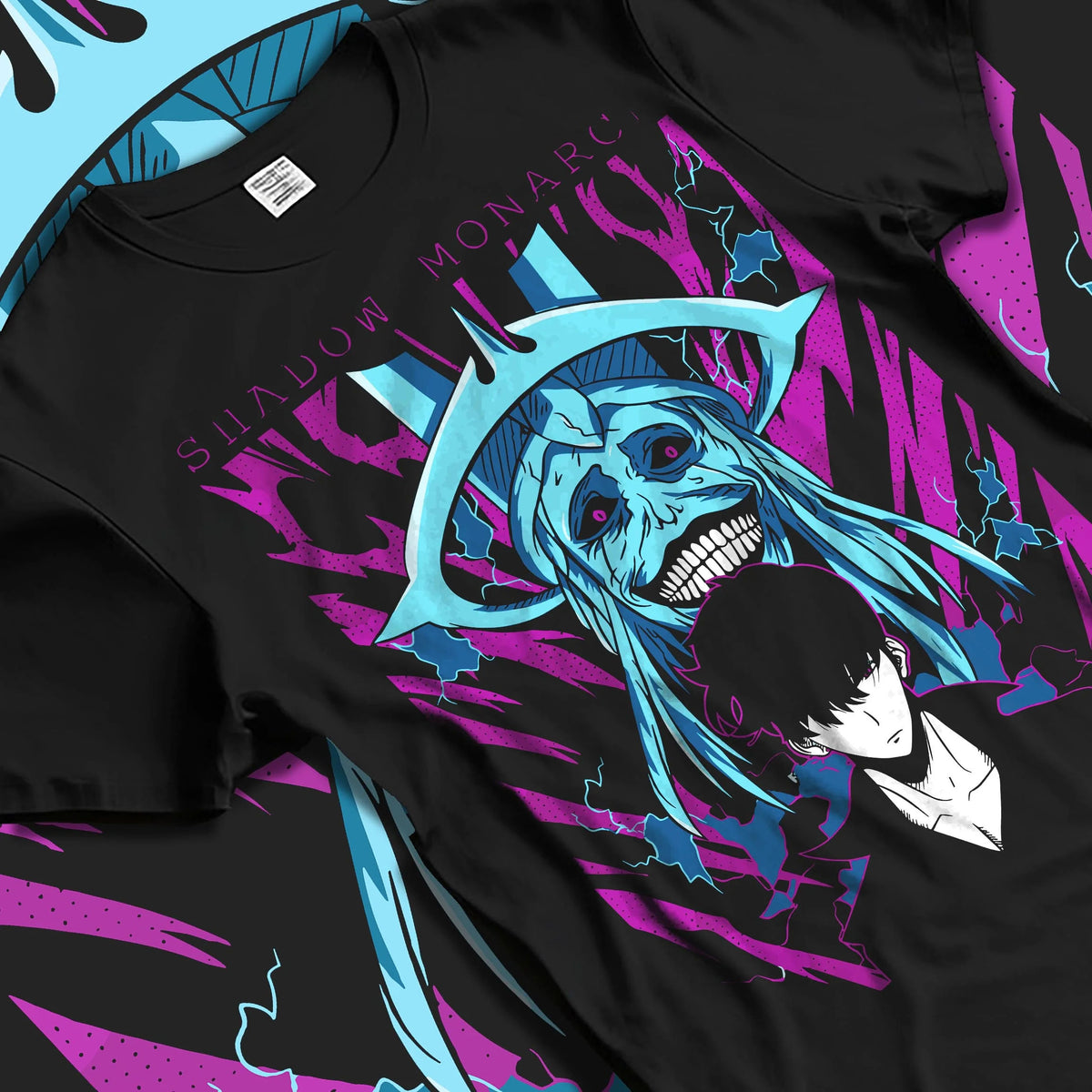 Black T-shirt laid flat with natural folds featuring Sung Jin-Woo Solo Leveling blue aura artwork.