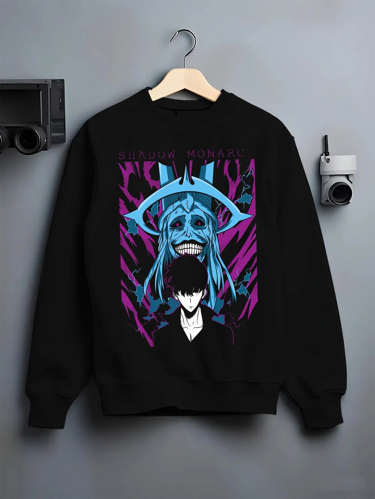 Black crewneck sweatshirt on hanger featuring Sung Jin-Woo Solo Leveling blue aura artwork.