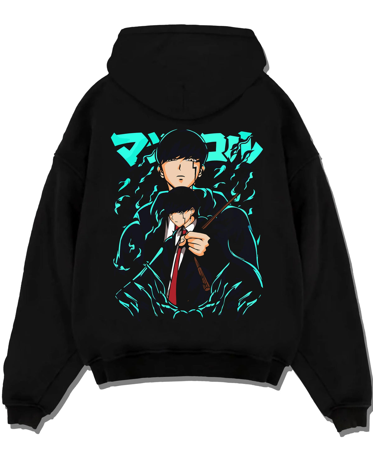 Black pullover hoodie laid flat with Mashle Magic Muscles Hoodie Blue Dynamic Jumper graphic bold anime graphic.