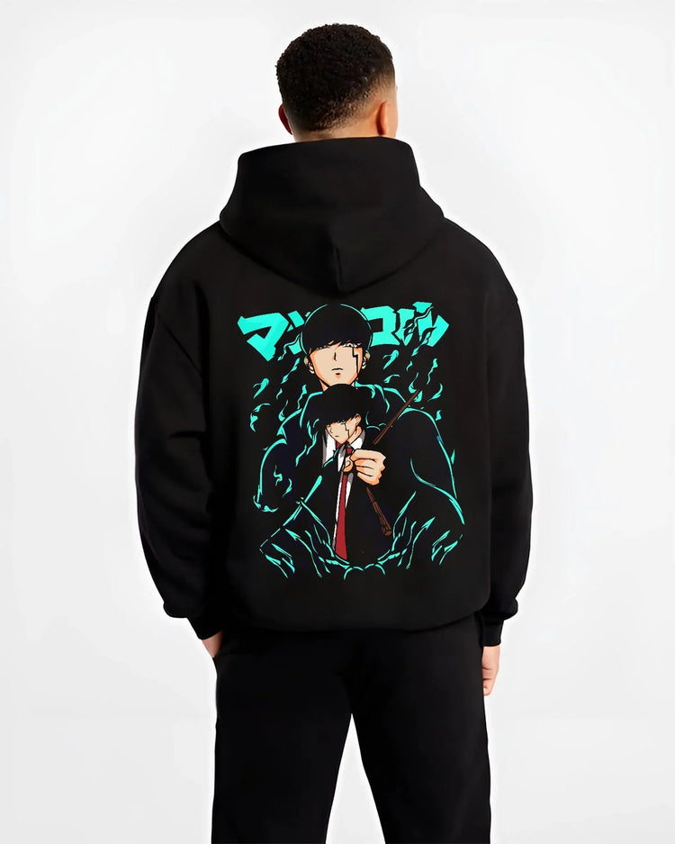 Black hoodie worn by male model, back view with Mashle Magic Muscles Hoodie Blue Dynamic Jumper graphic premium wear.
