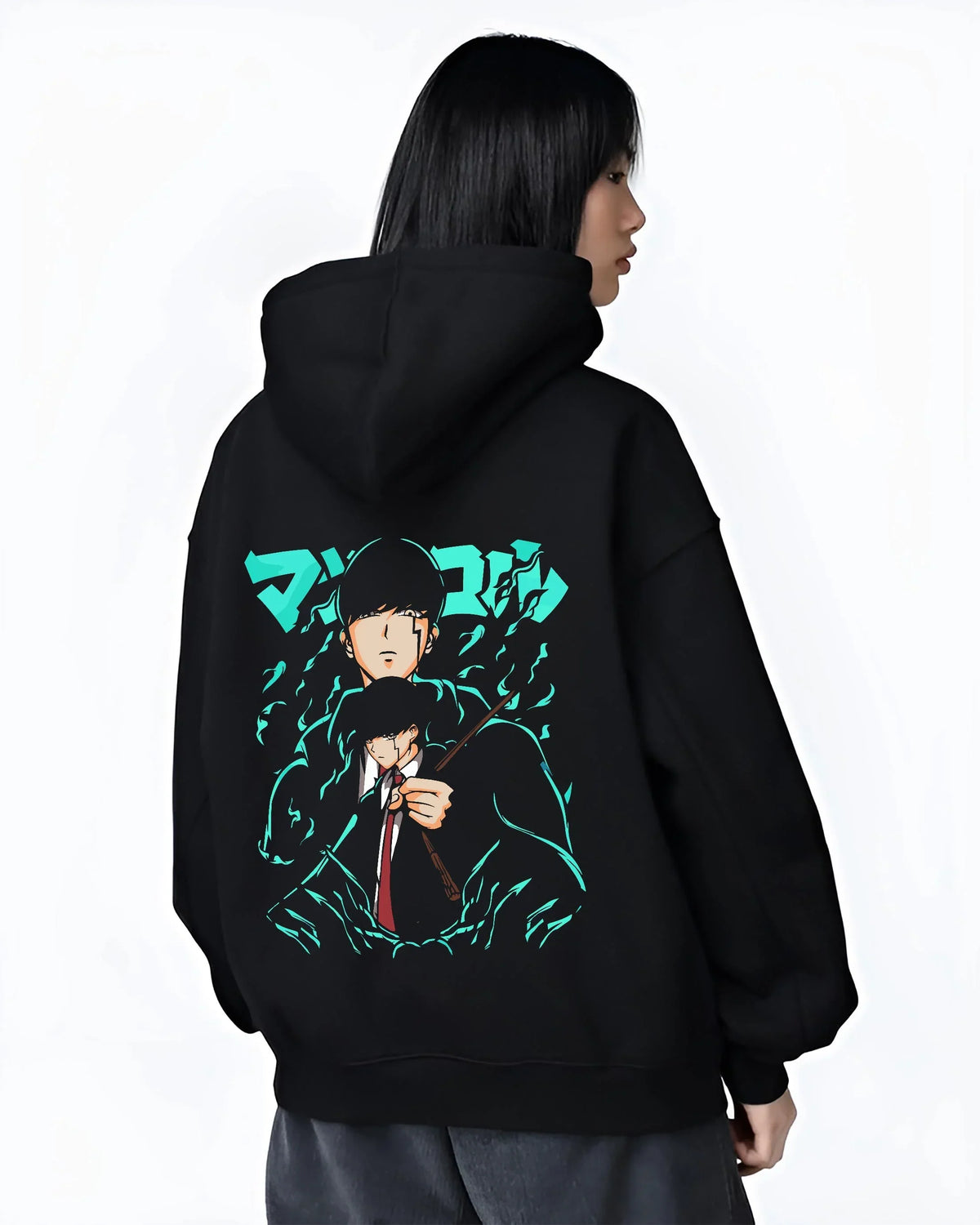 Black hoodie worn by female model, back view with Mashle Magic Muscles Hoodie Blue Dynamic Jumper graphic streetwear graphic.