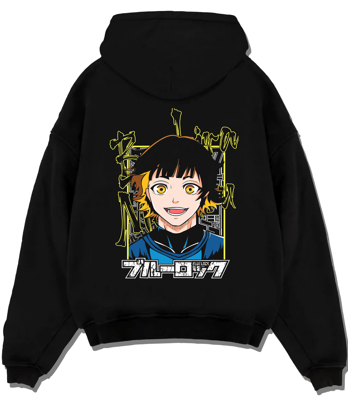 Black hoodie flat back view showing Blue Lock: player with yellow eyes