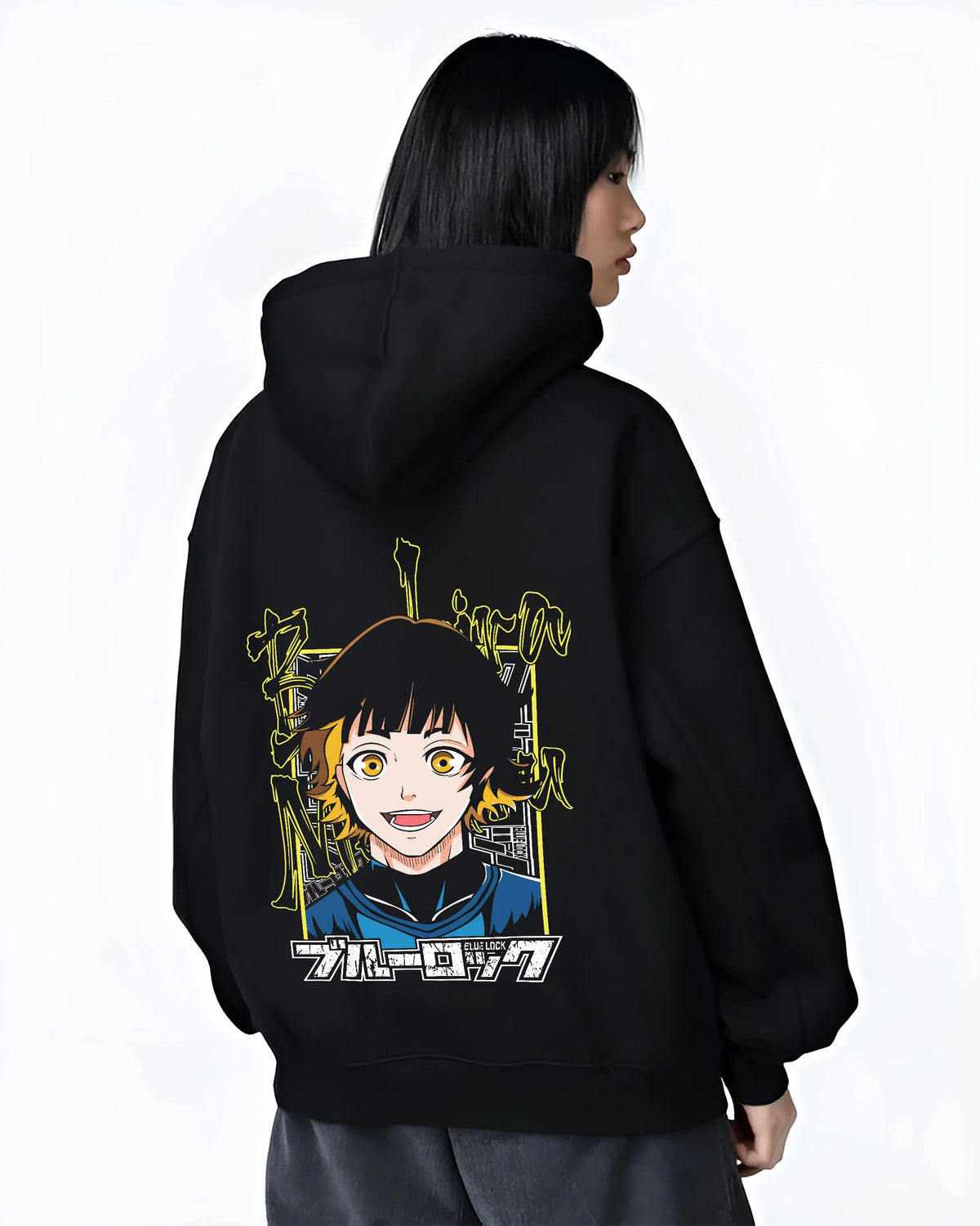Black hoodie female model back view showing Blue Lock: player with yellow eyes