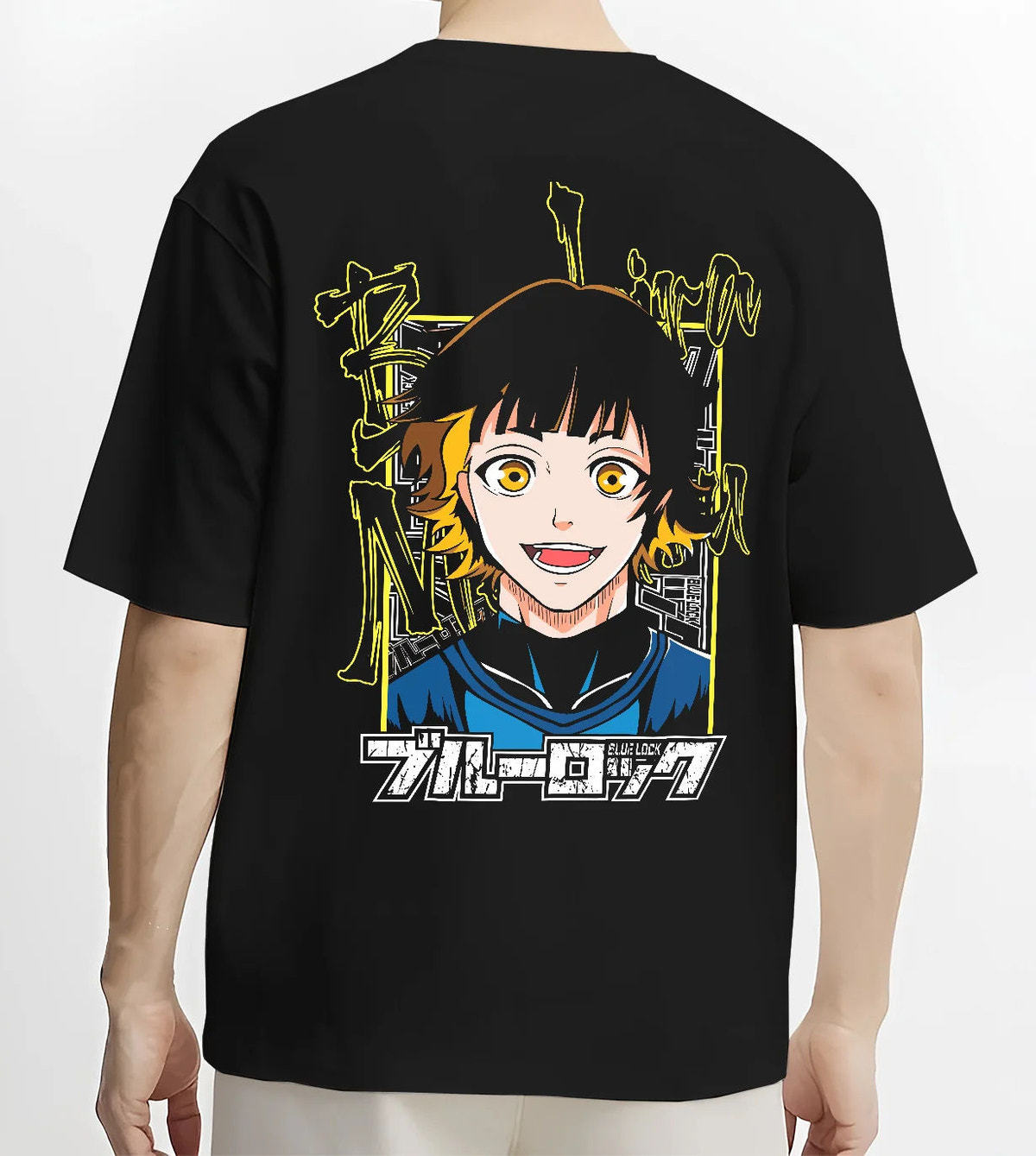 Black T-shirt model back view showing Blue Lock: player with yellow eyes