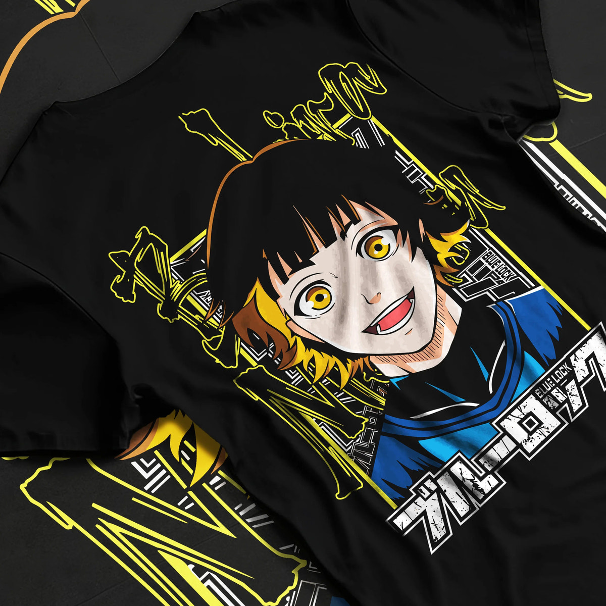 Black T-shirt flat back view showing Blue Lock: player with yellow eyes