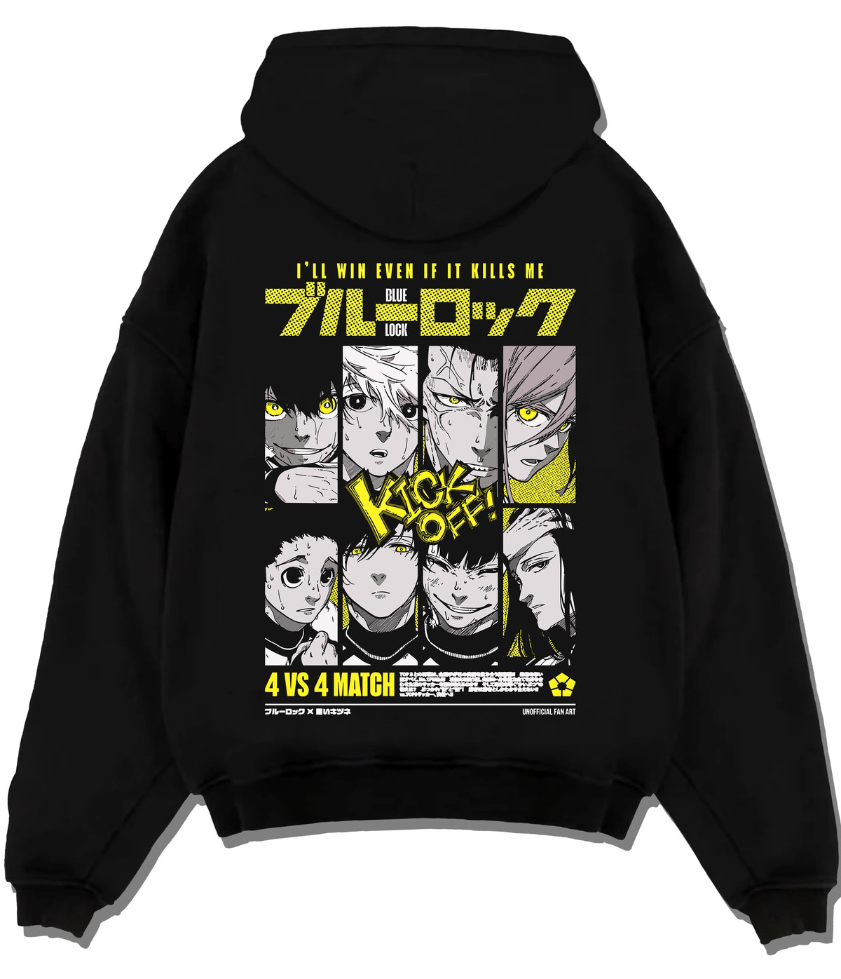 Black hoodie flat back view showing Blue Lock: multiple football characters